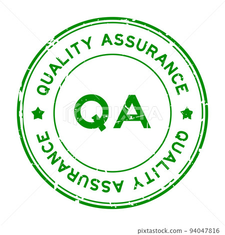 Grunge green QA quality assurance word round rubber seal stamp on white background Grunge green QA quality assurance word round rubber seal stamp on white background 94047816