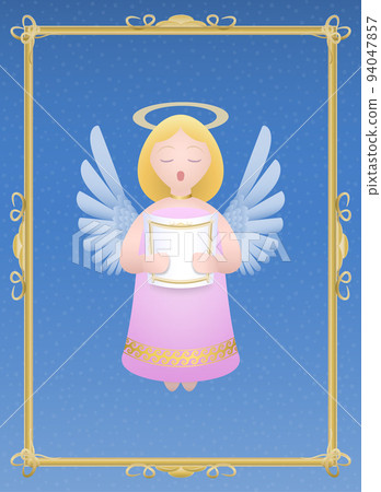 Singing christmas angel with gloriole, blond hair, pink dress, white wings and music sheet. Vector illustration on snowfall background with golden frame. 94047857