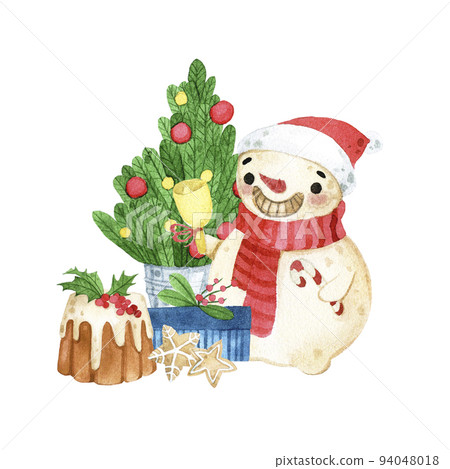 watercolor drawing. christmas composition snowman, christmas tree christmas gifts. greeting card. 94048018