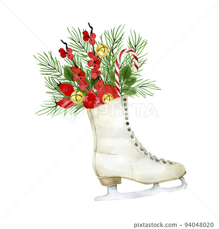 watercolor drawing. Christmas composition with Christmas plants, vintage skates, poinzeta, red berries, fir branches and cones. watercolor drawing. Christmas composition with Christmas plants, vintage skates, poinzeta, red berries, fir branches and cones. 94048020