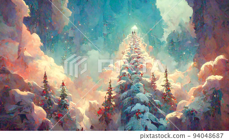 Fairy forest, christmas big snowy fir trees against background. Natural Scenery Realistic Illustration. 3D Render beautiful artwork. Colorful Impressionism. 94048687