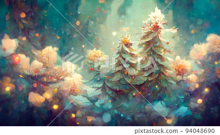 Fairy forest, christmas big snowy fir trees against background. Natural Scenery Realistic Illustration. 3D Render beautiful artwork. Colorful Impressionism. Fairy forest, christmas big snowy fir trees against background. Natural Scenery Realistic Illustration. 3D Render beautiful artwork. Colorful Impressionism. 94048690