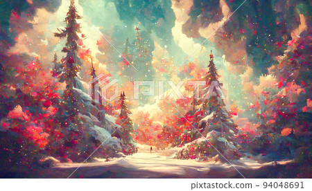 Fairy forest, christmas big snowy fir trees against background. Natural Scenery Realistic Illustration. 3D Render beautiful artwork. Colorful Impressionism. Fairy forest, christmas big snowy fir trees against background. Natural Scenery Realistic Illustration. 3D Render beautiful artwork. Colorful Impressionism. 94048691