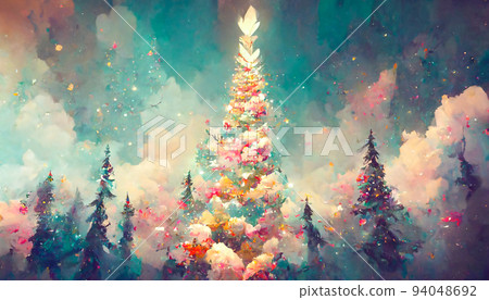 Fairy forest, christmas big snowy fir trees against background. Natural Scenery Realistic Illustration. 3D Render beautiful artwork. Colorful Impressionism. Fairy forest, christmas big snowy fir trees against background. Natural Scenery Realistic Illustration. 3D Render beautiful artwork. Colorful Impressionism. 94048692