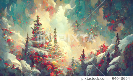 Fairy forest, christmas big snowy fir trees against background. Natural Scenery Realistic Illustration. 3D Render beautiful artwork. Colorful Impressionism. Fairy forest, christmas big snowy fir trees against background. Natural Scenery Realistic Illustration. 3D Render beautiful artwork. Colorful Impressionism. 94048694