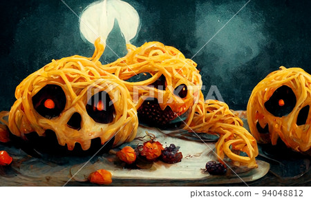 3D Illustration of a Halloween Concept Background. Halloween skull pasta with red eyes in the dish for celebration party decoration. 3D Illustration of a Halloween Concept Background. Halloween skull pasta with red eyes in the dish for celebration party decoration. 94048812