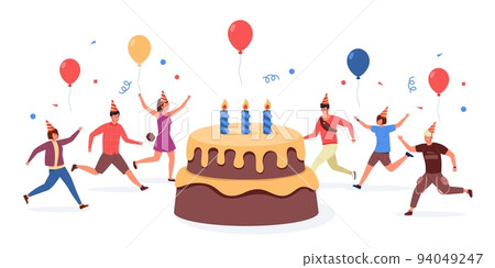 Birthday celebration with cake. Cartoon concept with happy cheerful characters celebrate with sweet desserts. Vector party with colorful pastry illustration Birthday celebration with cake. Cartoon concept with happy cheerful characters celebrate with sweet desserts. Vector party with colorful pastry illustration 94049247