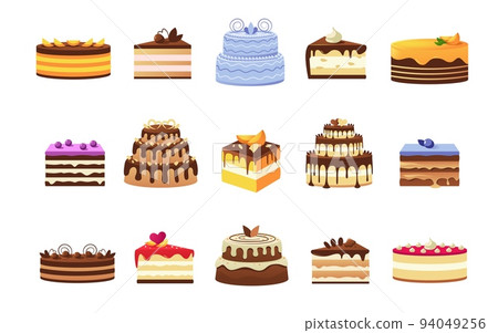 Cakes and pieces. Colorful sweet desert slices and whole cakes with cream glaze fruits and biscuits, holiday and celebration bakery. Vector pastry collection Cakes and pieces. Colorful sweet desert slices and whole cakes with cream glaze fruits and biscuits, holiday and celebration bakery. Vector pastry collection 94049256