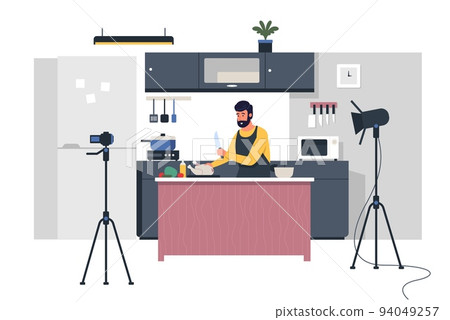 Cooking blogger. Cartoon person prepare food and streaming, trendy culinary vlogger making content and teaching. Vector modern cooking channel illustration Cooking blogger. Cartoon person prepare food and streaming, trendy culinary vlogger making content and teaching. Vector modern cooking channel illustration 94049257