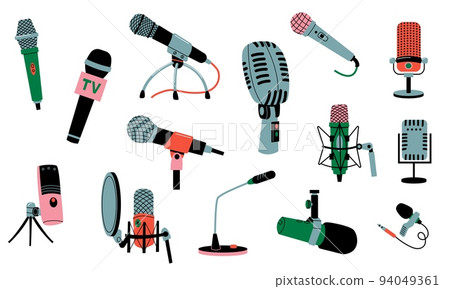 Microphones collection. Music recording radio broadcast equipment, cartoon mic technology for karaoke, studio sound, concert, podcast interview. Vector set 94049361