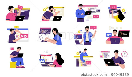 Coding characters concept. Cartoon developers working on web programming and application development, software testing metaphors flat style. Vector isolated set Coding characters concept. Cartoon developers working on web programming and application development, software testing metaphors flat style. Vector isolated set 94049389