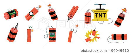 Cartoon dynamite. Retro TNT explosive red sticks with timer and detonator, vintage explosive tools and devices game asset. Vector isolated set Cartoon dynamite. Retro TNT explosive red sticks with timer and detonator, vintage explosive tools and devices game asset. Vector isolated set 94049410
