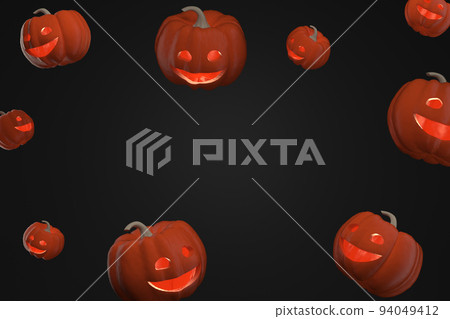 Simple background with flying Scary Halloween pumpkins with copy space in center Simple background with flying Scary Halloween pumpkins with copy space in center 94049412