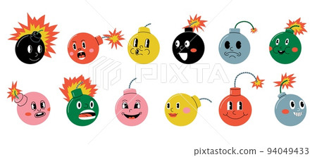 Bomb character. Doodle explosive round weapon mascot with funny retro cartoon faces and expressions. Vector military weapon and explosive tool game icon set 94049433