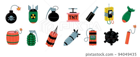 Bomb collection. Cartoon TNT explosive weapon, bombs dynamite grenade missile mine and nuclear bomb doodle game asset. Vector doodle weapon set 94049435