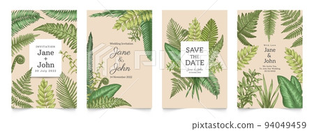 Floral wedding invitation. Greeting cards mockup with rural herbal decorative elements, leaves borders and geometric frames. Vector save the date poster illustration 94049459