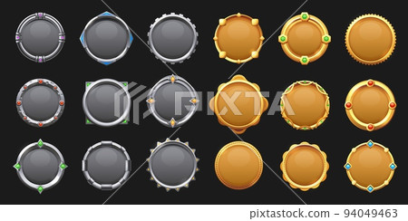 Game round metal button. Cartoon steel game asset frame UI icons, empty metallic circle medal rating badges mobile web app user interface. Vector sprite graphic set Game round metal button. Cartoon steel game asset frame UI icons, empty metallic circle medal rating badges mobile web app user interface. Vector sprite graphic set 94049463