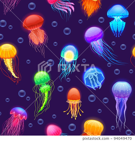 Jellyfish pattern. Seamless print of cute colorful cartoon sea animal, transparent underwater creatures of different shapes and colors. Vector texture 94049470