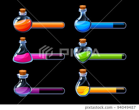 Potion progress bar. Life elixir bottles GUI asset, cartoon poisoning container health energy resource for mobile video game menu. Vector set 94049487