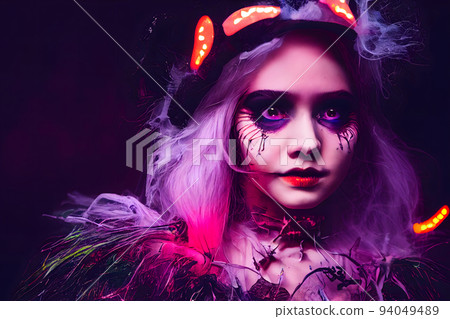 beautiful halloween witch makeup girl in stylish costume at celebration night, neural network generated art 94049489