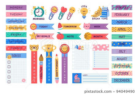 School journal stickers. Cartoon planner label memo tags, cute diary schedule organizer badge bundle, notebook page sticky borders. Vector isolated set 94049490