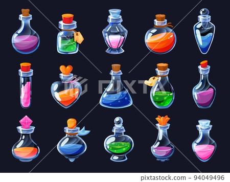 Game potion. Cartoon elixir for strength mana and stamina, love potion poison and antidote in magic phials 2D game UI icon asset. Vector sprite interface elements set Game potion. Cartoon elixir for strength mana and stamina, love potion poison and antidote in magic phials 2D game UI icon asset. Vector sprite interface elements set 94049496