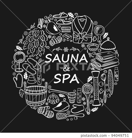 Sauna and spa accessories on a black background in a circle 94049751