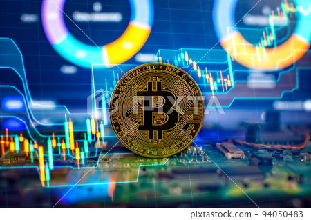 Blockchain technology bitcoin mining concept. Bitcoin golden coin on computer circuit board. banner copy space Blockchain technology bitcoin mining concept. Bitcoin golden coin on computer circuit board. banner copy space 94050483