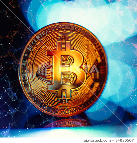 Cryptocurrency concept , Golden bitcoin on mainboard , The future of money. Computational equipment. Cryptocurrency concept , Golden bitcoin on mainboard , The future of money. Computational equipment. 94050507