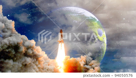 Spaceship flight. Starry sky and blue galactics. View on space shuttle and milky way. Elements of this image furnished by NASA Spaceship flight. Starry sky and blue galactics. View on space shuttle and milky way. Elements of this image furnished by NASA 94050576
