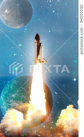 Launched rocket in flight, night starry sky background. Rocket starts into space concept.Elements of this image furnished by NASA Launched rocket in flight, night starry sky background. Rocket starts into space concept.Elements of this image furnished by NASA 94050592