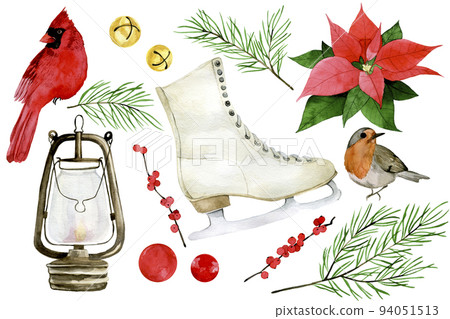 watercolor christmas, winter set. winter birds, skates, bells, fir branches isolated on white background. vintage new year, christmas set watercolor christmas, winter set. winter birds, skates, bells, fir branches isolated on white background. vintage new year, christmas set 94051513