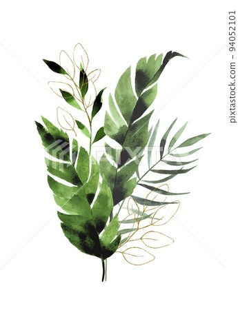 watercolor drawing. bouquet of tropical leaves with golden shining elements. green and gold leaves of palm, monstera, banana. composition, design watercolor drawing. bouquet of tropical leaves with golden shining elements. green and gold leaves of palm, monstera, banana. composition, design 94052101