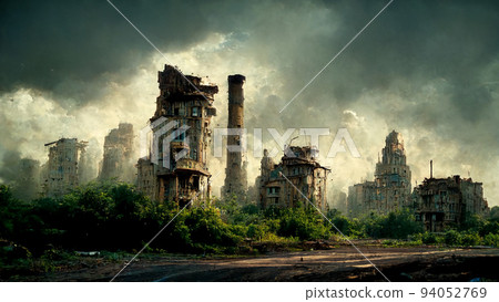 Concept art illustration of abandoned postapocalyptic city 94052769