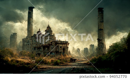 Concept art illustration of grim abandoned postapocalyptic city Concept art illustration of grim abandoned postapocalyptic city 94052770