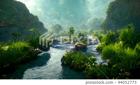 Concept art illustration of beautiful fantasy river landscape Concept art illustration of beautiful fantasy river landscape 94052773