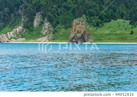 coastal landscape, beautiful lava rocks on the green coast of Kunashir island 94052816