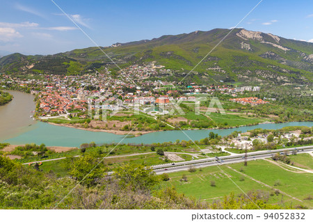 Landscape of Mtskheta town on a sunny day, aerial view 94052832