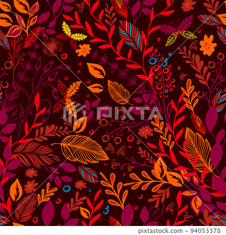 Seamless twigs vector pattern. Autumn background with leaves and twigs. Vector illustration 94053378