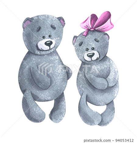 A cute pair of teddy bears, a boy and a girl with a bow, stuffed toys. Watercolor illustration. Isolated objects from a large VALENTINE'S DAY set. For the decoration and design of compositions. A cute pair of teddy bears, a boy and a girl with a bow, stuffed toys. Watercolor illustration. Isolated objects from a large VALENTINE'S DAY set. For the decoration and design of compositions. 94053412