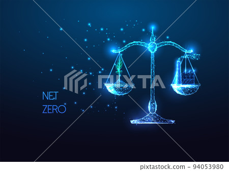 Concept of net zero emissions with green sprout and factory plant on balance scales on dark blue Concept of net zero emissions with green sprout and factory plant on balance scales on dark blue 94053980