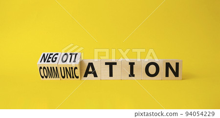 Negotiation vs Communication symbol. Turned cubes with words Negotiation and Communication. Beautiful yellow background. Business concept. Copy space Negotiation vs Communication symbol. Turned cubes with words Negotiation and Communication. Beautiful yellow background. Business concept. Copy space 94054229