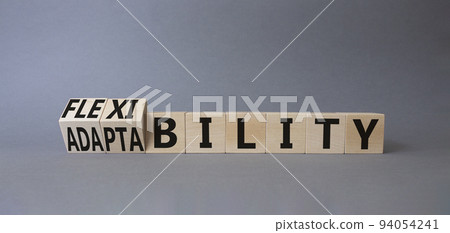 Flexibility and Adaptability symbol. Wooden cubes with words Adaptability and Flexibility. Beautiful grey background. Business concept. Copy space Flexibility and Adaptability symbol. Wooden cubes with words Adaptability and Flexibility. Beautiful grey background. Business concept. Copy space 94054241