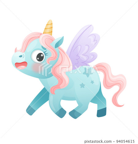 Cute Happy Unicorn with Wings and Pink Mane Walking Vector Illustratio 94054615