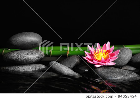 Beautiful zen garden with lotus flower and pond on black background. Space for text Beautiful zen garden with lotus flower and pond on black background. Space for text 94055454