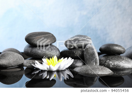 Beautiful zen garden with lotus flower and pond on light blue background 94055456
