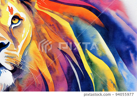Colorful portrait. Lion. Watercolor colorful image. Digital painting. 94055977