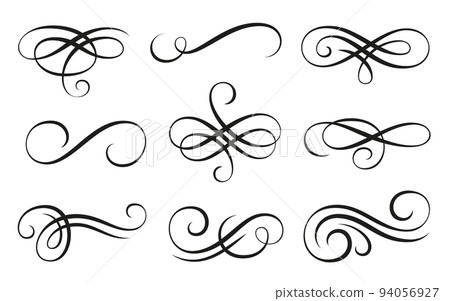 Calligraphic swirl filigree curl line flourish set 94056927