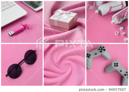 A set of pictures with fashionable youth objects on a soft fleece surface. Pastel pink color A set of pictures with fashionable youth objects on a soft fleece surface. Pastel pink color 94057007