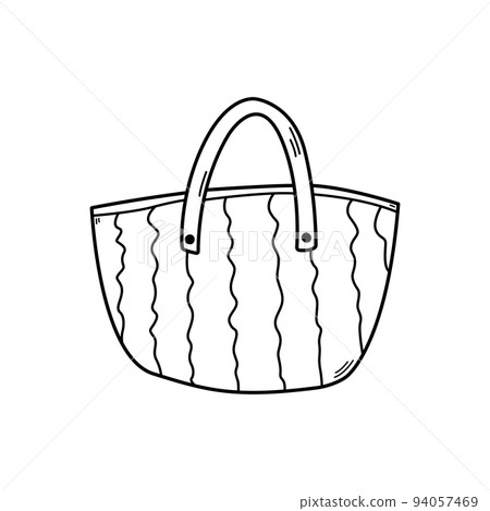 Hand drawn monochrome beach bag doodle style, vector illustration isolated on white background. Black outline accessory for storage, handy fashionable bag, contour 94057469